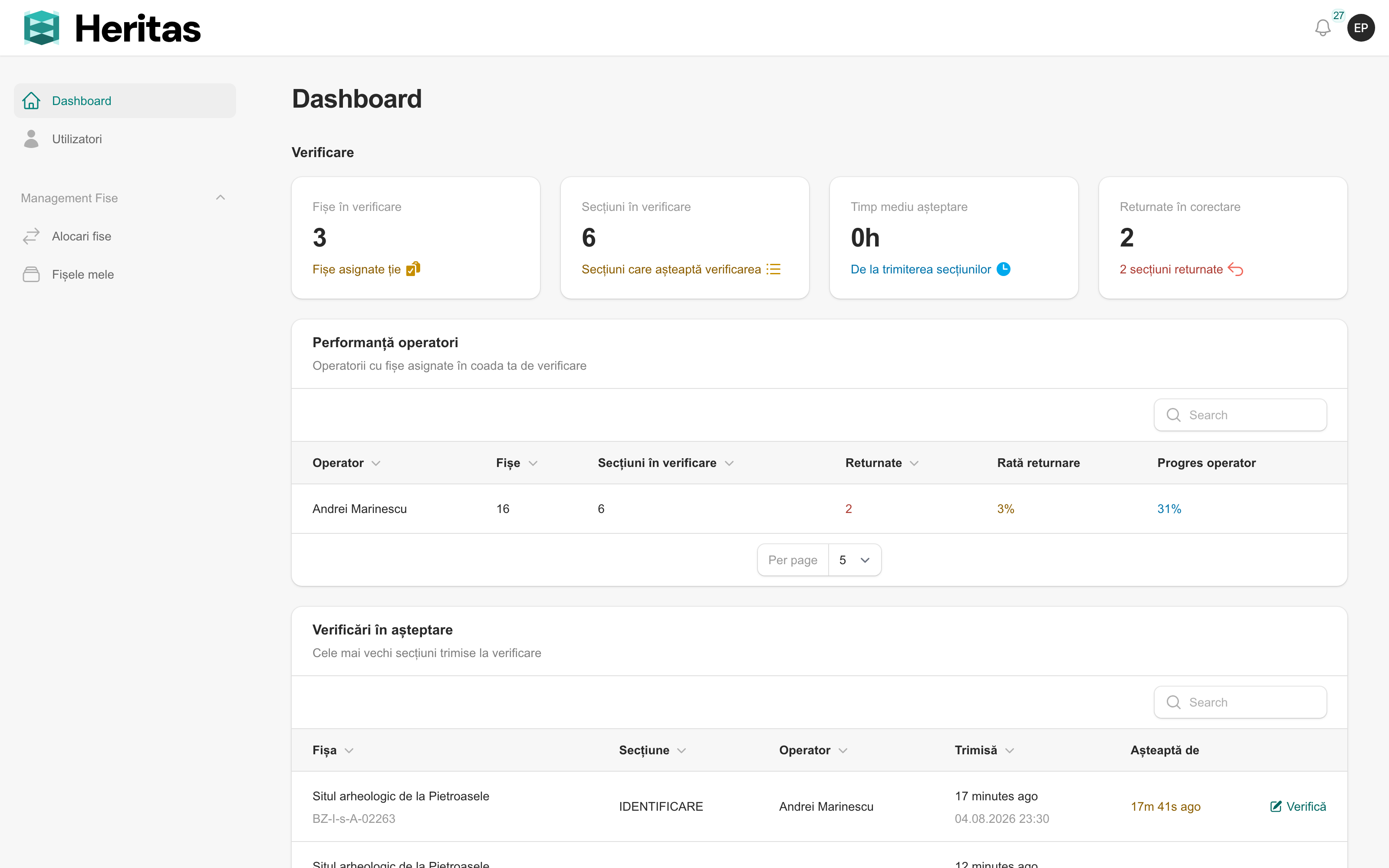 Dashboardul verificatorului: fișe în verificare, secțiuni în așteptare, performanța operatorilor