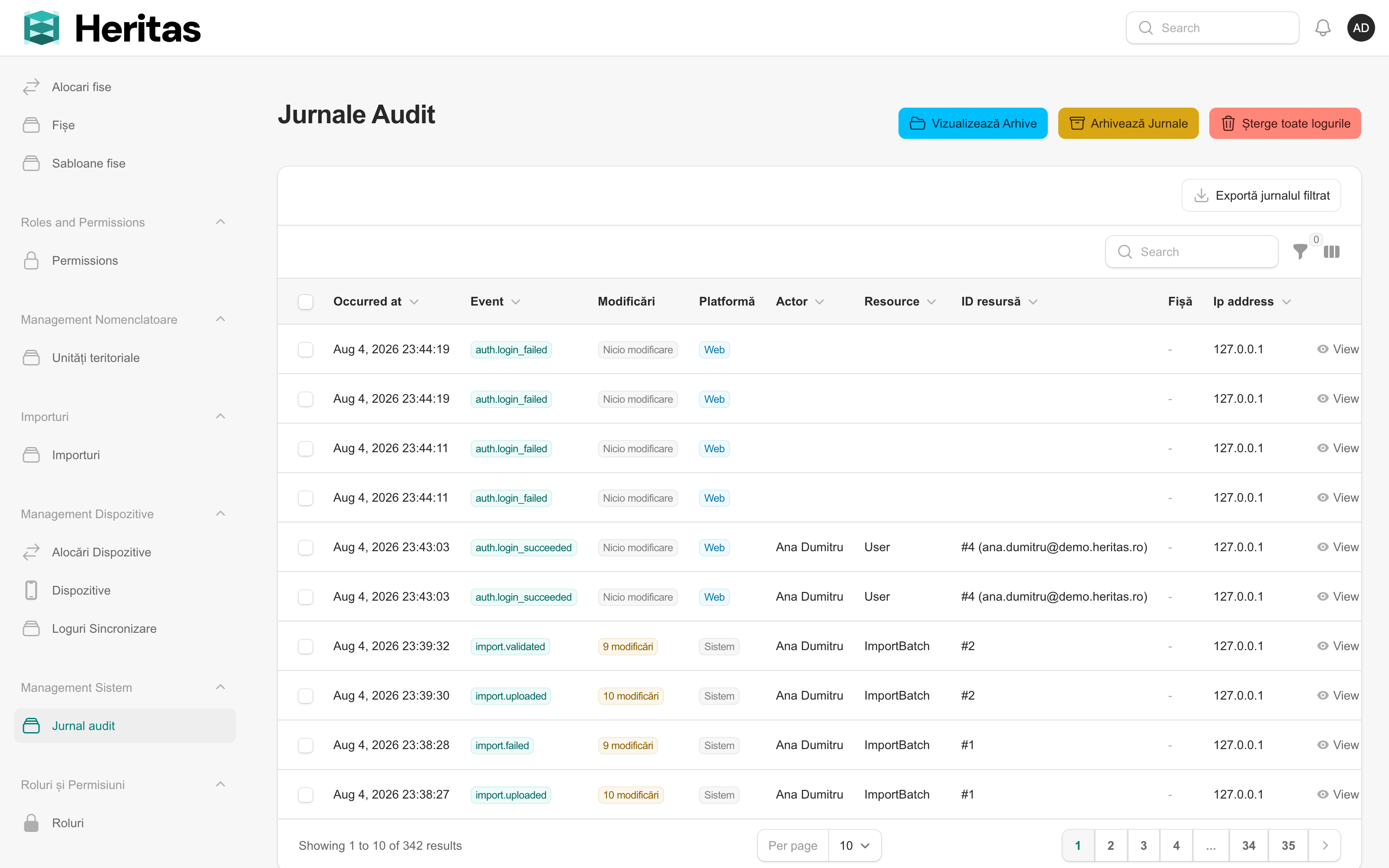 Ecranul Jurnal de audit cu evenimente de workflow